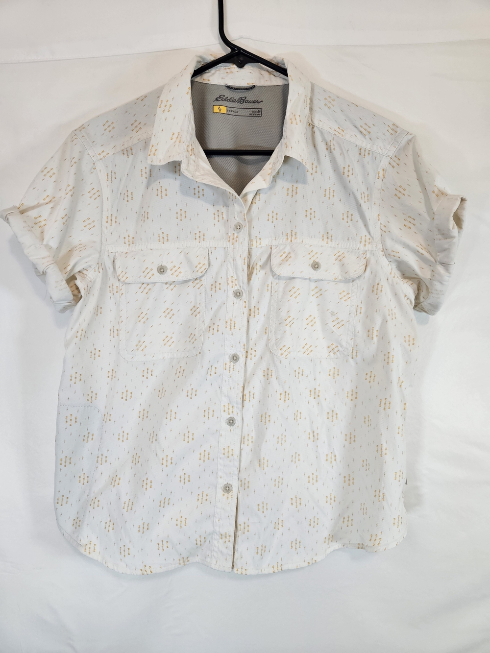 Eddie Bauer White Short-Sleeve Button-Down with Tan Dot Pattern Casual Office